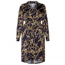 BEIGE PLUS EQUESTRIAN PRINT SATIN SHIRT DRESS BLACK AND GOLD  - Plus Size Collection