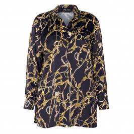 BEIGE EQUESTRIAN PRINT SATIN SHIRT BLACK AND GOLD  - Plus Size Collection