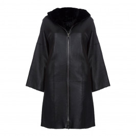YOEK HOODED LAMBSKIN BLACK COAT - Plus Size Collection
