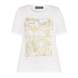 BEIGE WHITE T-SHIRT WITH GOLD TROPICAL PRINT FRONT   - Plus Size Collection